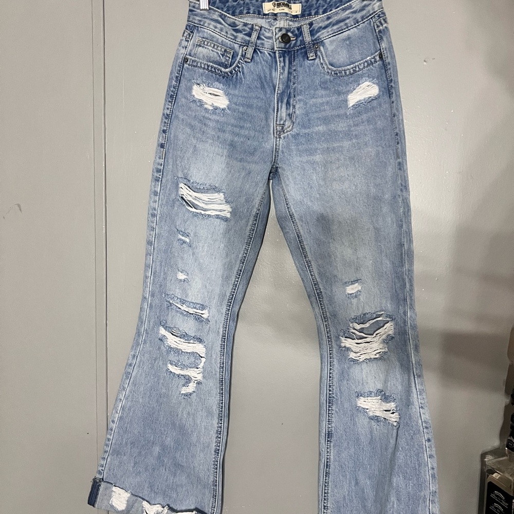 Rock & Roll Cowgirl Light Blue Distressed Flare Jeans